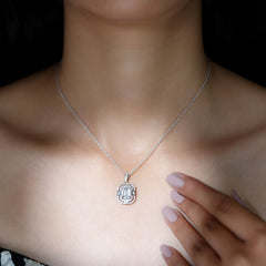 Vintage Style Emerald Cut Moissanite Halo Pendant Necklace