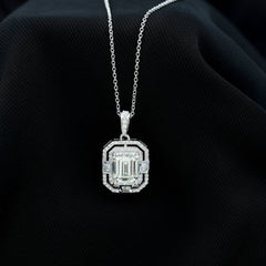 Vintage Style Emerald Cut Moissanite Halo Pendant Necklace