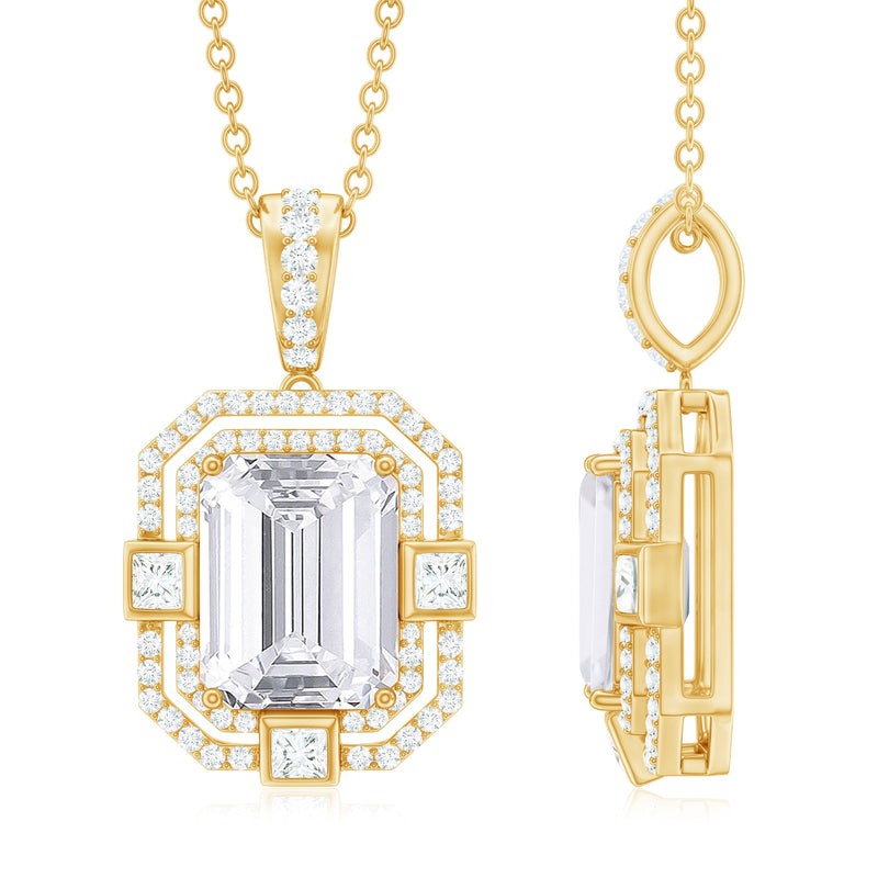 Vintage Style Emerald Cut Moissanite Halo Pendant Necklace