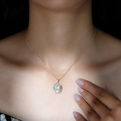 Vintage Style Emerald Cut Moissanite Halo Pendant Necklace