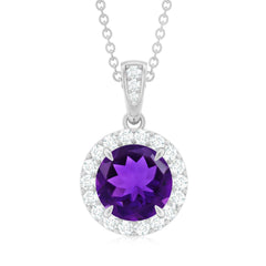 Natural 2 Carat Amethyst Pendant Necklace with Diamond Halo