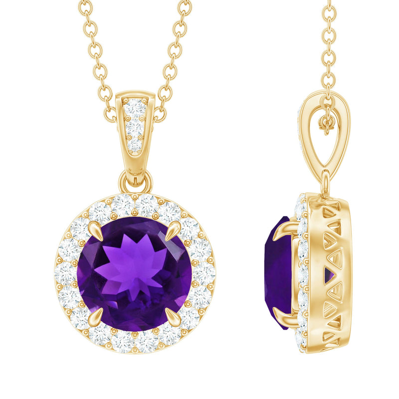 Natural 2 Carat Amethyst Pendant Necklace with Diamond Halo