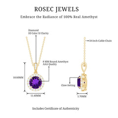 Natural 2 Carat Amethyst Pendant Necklace with Diamond Halo