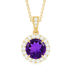 Natural 2 Carat Amethyst Pendant Necklace with Diamond Halo