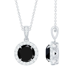 Real 2 Carat Black Onyx Pendant Necklace with Diamond Halo