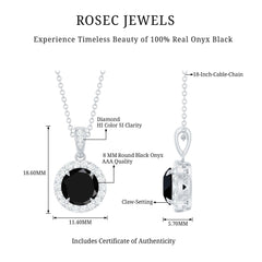Real 2 Carat Black Onyx Pendant Necklace with Diamond Halo
