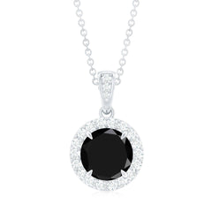 Real 2 Carat Black Onyx Pendant Necklace with Diamond Halo