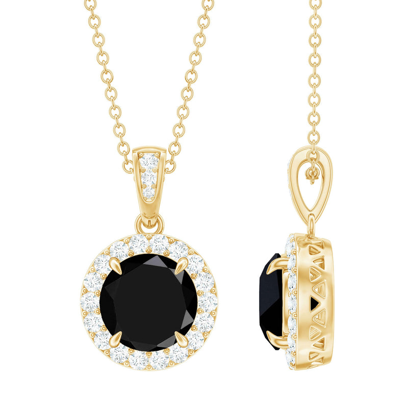 Real 2 Carat Black Onyx Pendant Necklace with Diamond Halo