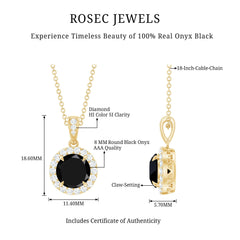 Real 2 Carat Black Onyx Pendant Necklace with Diamond Halo