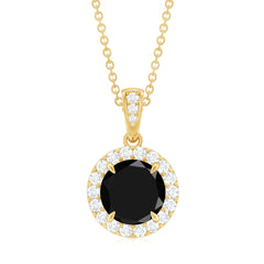 Real 2 Carat Black Onyx Pendant Necklace with Diamond Halo