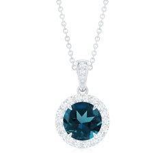 London Blue Topaz Round Halo Pendant with Diamond