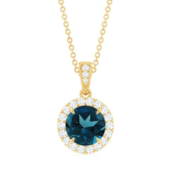 London Blue Topaz Round Halo Pendant with Diamond