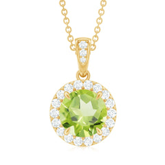 Claw Set Round Peridot and Diamond Halo Pendant