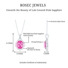 Oval Created Pink Sapphire Vintage Style Pendant with Diamond Halo