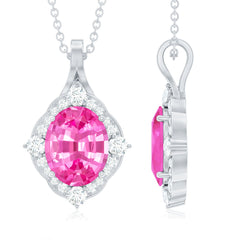 Oval Created Pink Sapphire Vintage Style Pendant with Diamond Halo
