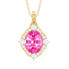 Oval Created Pink Sapphire Vintage Style Pendant with Diamond Halo