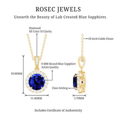 2.74 Carat Round Lab Created Blue Sapphire Halo Necklace with White Diamond