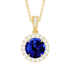 2.74 Carat Round Lab Created Blue Sapphire Halo Necklace with White Diamond