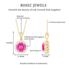 Lab-Created Pink Sapphire Halo Pendant with Diamond