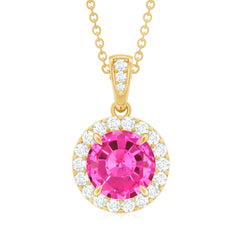 Lab-Created Pink Sapphire Halo Pendant with Diamond