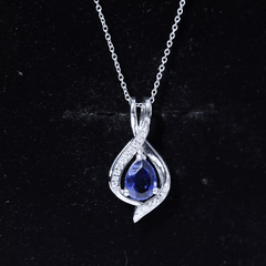 Certified Lab Created Blue Sapphire Teardrop Necklace with Moissanite