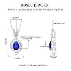 Lab Grown 6X8 MM Blue Sapphire Teardrop Pendant with Moissanite
