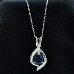 Certified Lab Created Blue Sapphire Teardrop Necklace with Moissanite