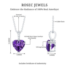 Certified Solitaire Amethyst Heart Necklace with Diamond