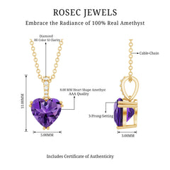 Certified Solitaire Amethyst Heart Necklace with Diamond