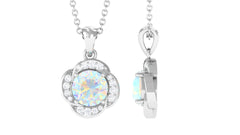 0.8 Carat Round Shape Ethiopian Opal and Diamond Flower Necklace