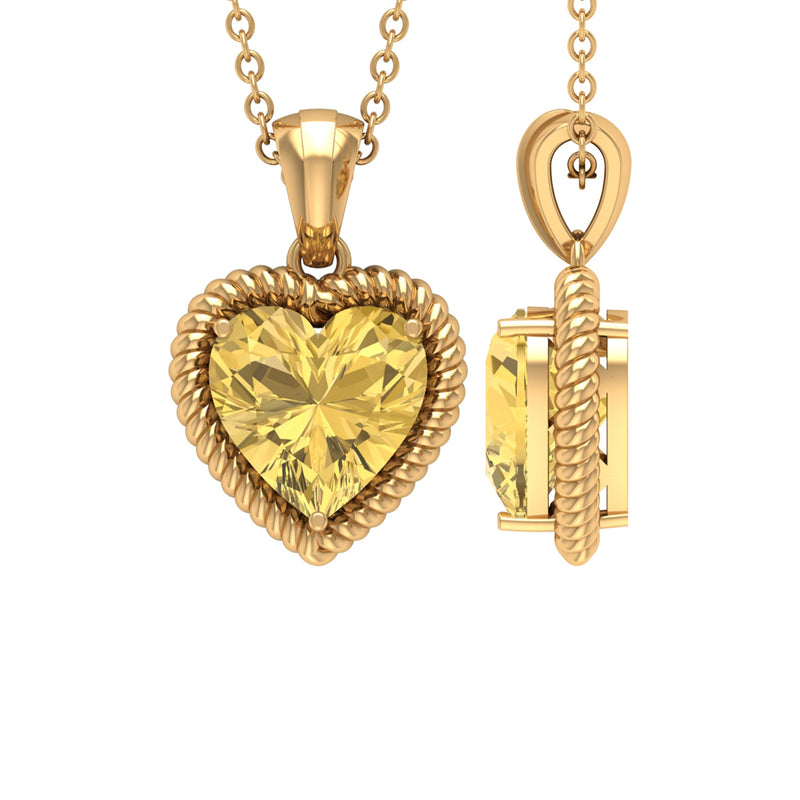 Natural Heart Shape 2 Carat Citrine Pendant Necklace with Rope Frame