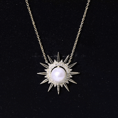 Natural Freshwater Pearl and Diamond Sunburst Pendant Necklace