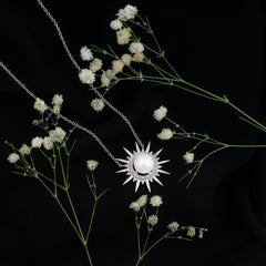 Natural Freshwater Pearl and Diamond Sunburst Pendant Necklace