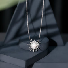 Natural Freshwater Pearl and Diamond Sunburst Pendant Necklace