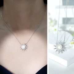 Natural Freshwater Pearl and Diamond Sunburst Pendant Necklace