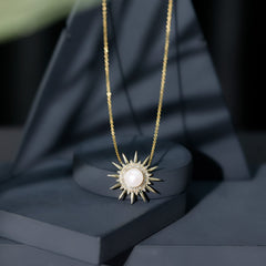 Natural Freshwater Pearl and Diamond Sunburst Pendant Necklace