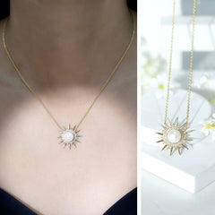 Natural Freshwater Pearl and Diamond Sunburst Pendant Necklace