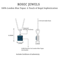 1 Carat Princess Cut London Blue Topaz Pendant with Diamond