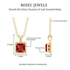 Princess Cut Lab Created Ruby Solitaire Pendant with Rope Frame