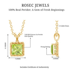 Genuine Princess Cut Peridot Pendant Necklace With Silver Chain