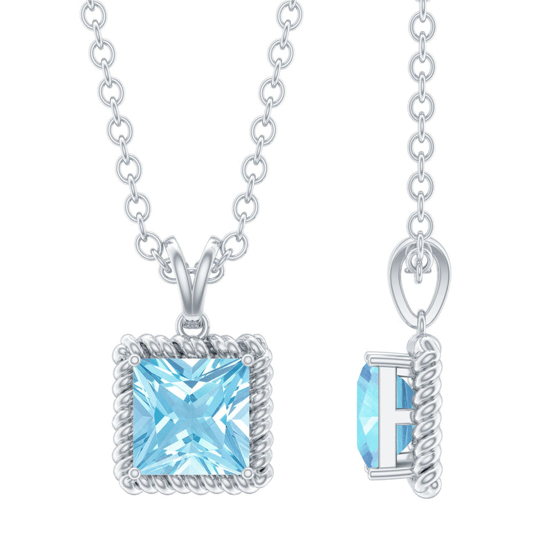 Natural Half Carat Aquamarine Princess Cut Necklace with Silver Chain