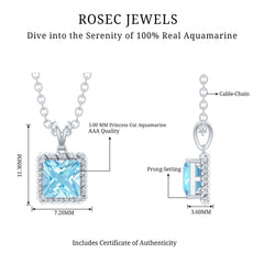 Natural Half Carat Aquamarine Princess Cut Necklace with Silver Chain