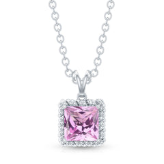 Natural Princess Cut Pink Sapphire Solitaire Pendant with Chain