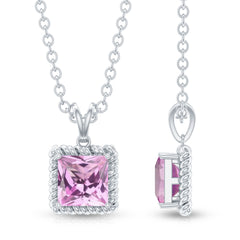 Natural Princess Cut Pink Sapphire Solitaire Pendant with Chain