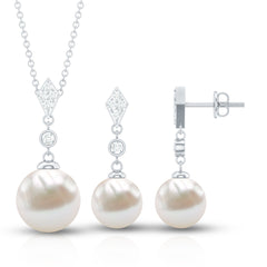 Freshwater Pearl Simple Dangle Drop Pendant and Earrings Set with Diamond