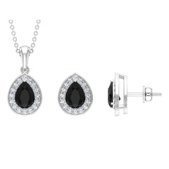 Natural Black Onyx Teardrop Pendant and Earrings Set with Moissanite