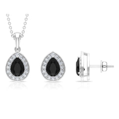 Natural Black Onyx Teardrop Pendant and Earrings Set with Moissanite