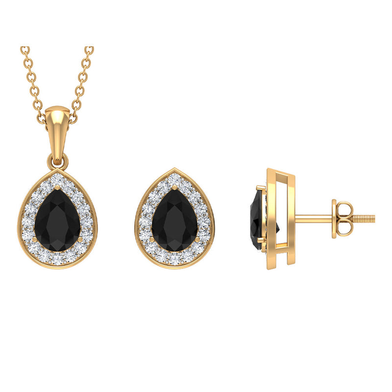 Natural Black Onyx Teardrop Pendant and Earrings Set with Moissanite