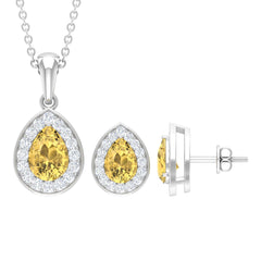 Natural 1.8 Carat Citrine Teardrop Necklace and Earrings Set with Halo