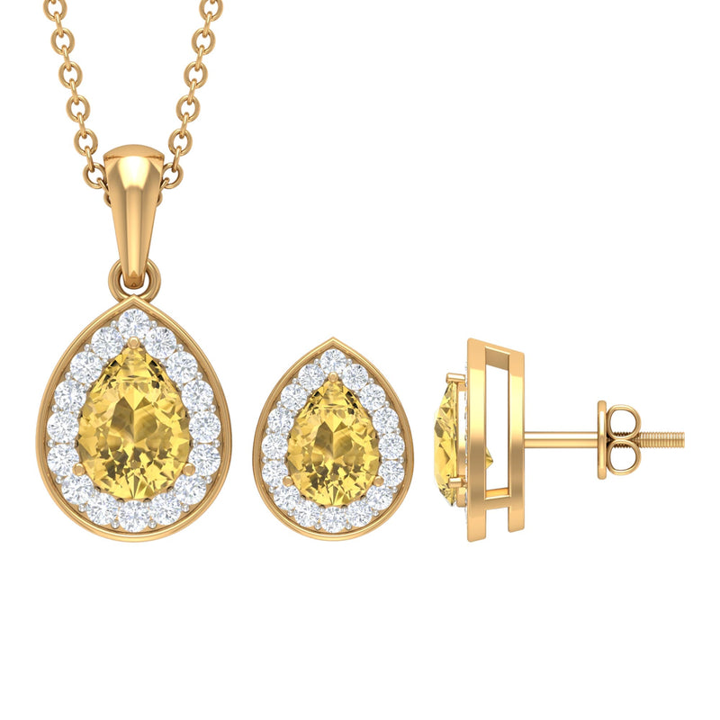 Natural 1.8 Carat Citrine Teardrop Necklace and Earrings Set with Halo